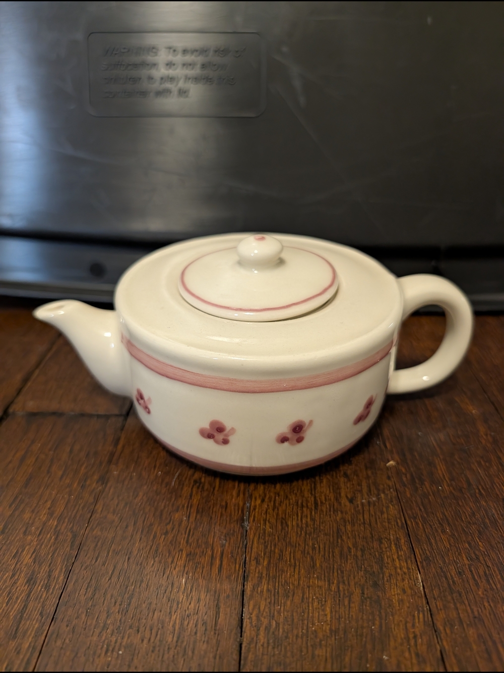 Vintage Cream Ceramic Teapot with Pink Band and Floral Motif